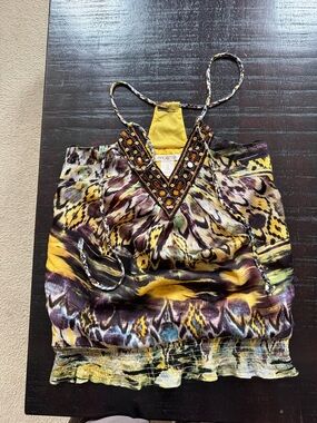 Arden B Yellow Multicolor Beaded Halter Camisole Y2K vintage style going out top